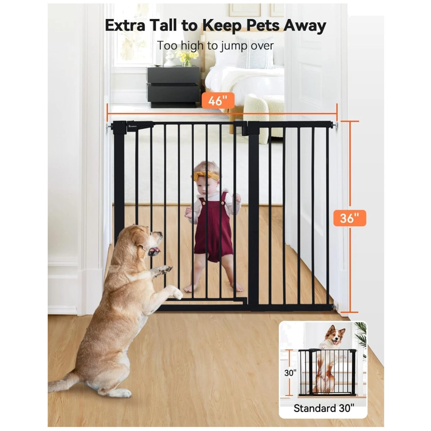 Tall Baby Gate for Stairs & Doorways, 36x46 Black