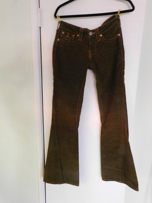 True Religion Joey Big T Olive Green Corduroy Flare Pants Low Rise 27 Y2K USA