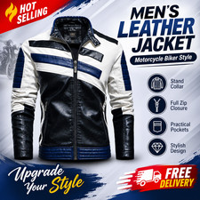 Chaqueta de cuero para motociclista con cuello alto para hombre