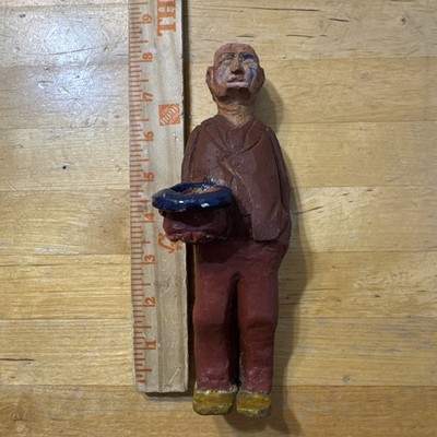 Wooden Man Statue Wood Carving Hat In Hand 