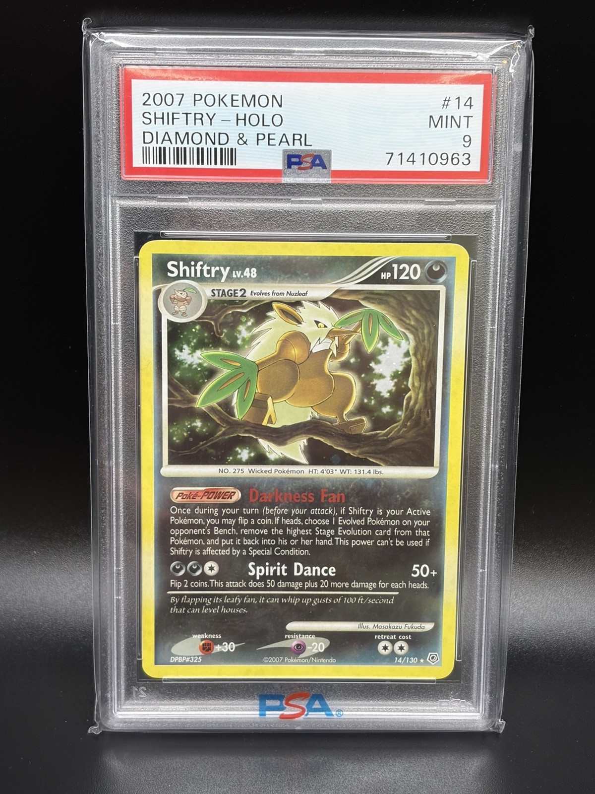 2007 SHIFTRY Pokemon Card #14 14/130 Diamond & Pearl Holo Rare PSA 9