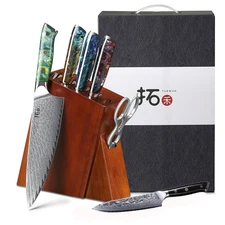 7Pcs TURWHO Kitchen Chef Knife Block Set Damascus Steel Knives Colorful Handles