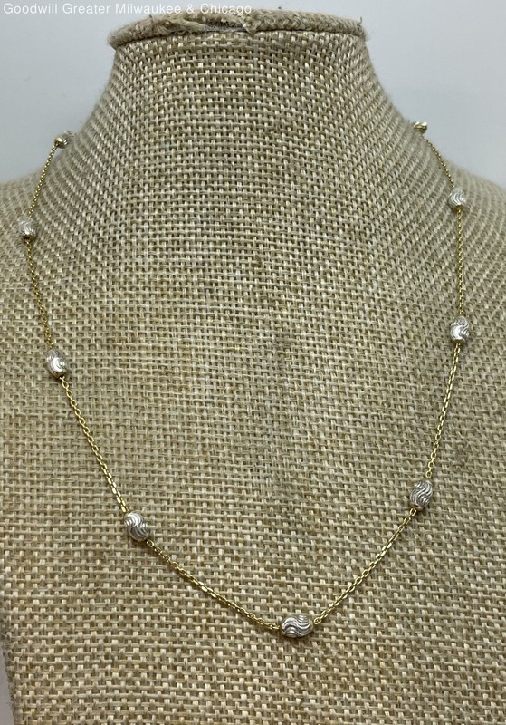 925 Sterling Silver & Vermeil Textured Wavy Beaded Chain Necklace 3.9g