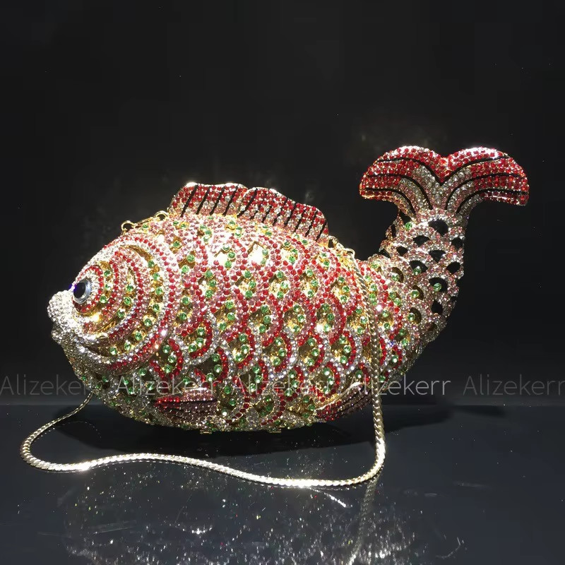 Goldfish Shaped Crystal Evening Bags Women Gorgeous Diamond Metallic Clutch Purs