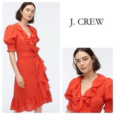 J.Crew Red Ruffle Wrap Midi Dress XS Puff Sleeves Cottagecore Cotton