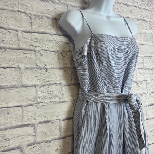 J. Crew Jumpsuit Size 6 Blue White Stripe 100% Linen Pockets Adj. Straps Belted - Picture 5 of 18