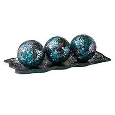 12.4” Mosaic Glass Decorative Tray Dish Plate with 3pcs 3" Decorative Orbs 