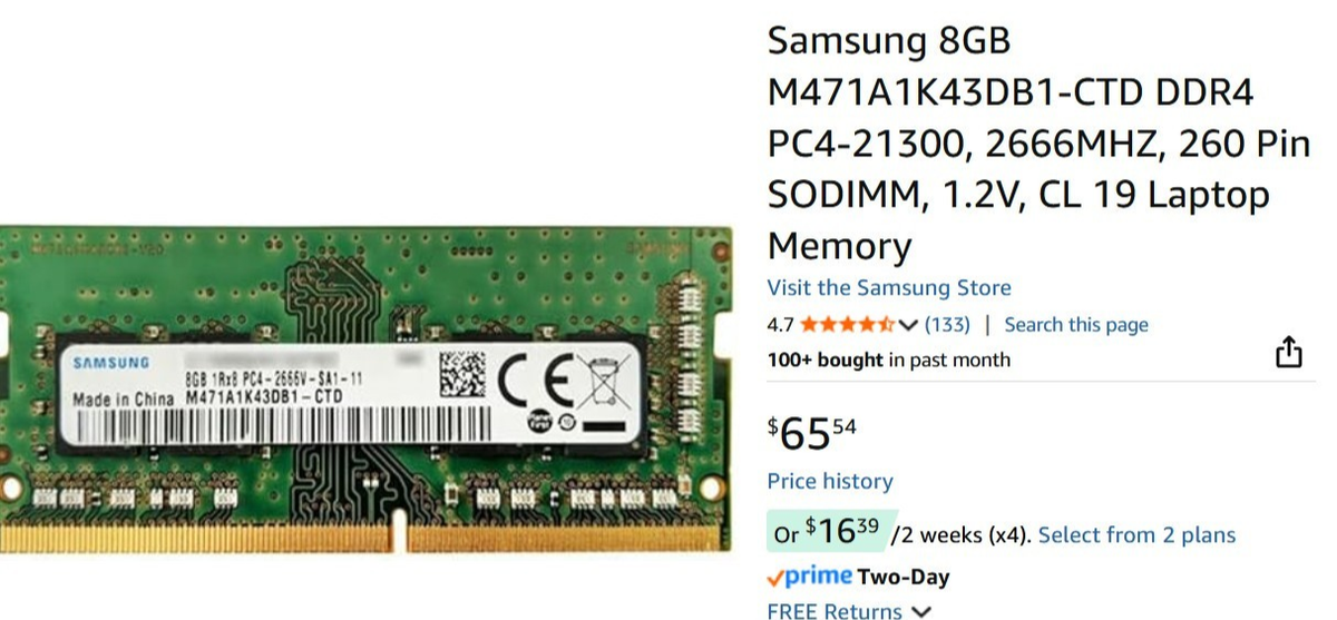 Samsung (1 x 8GB) PC4-21300 (DDR4-2666) Memory (M471A1K43DB1-CTD