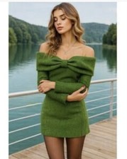 Blogger Favorite Zara Green Tweed Bow Mini Shift Sheath Long Sleeve Dress XS