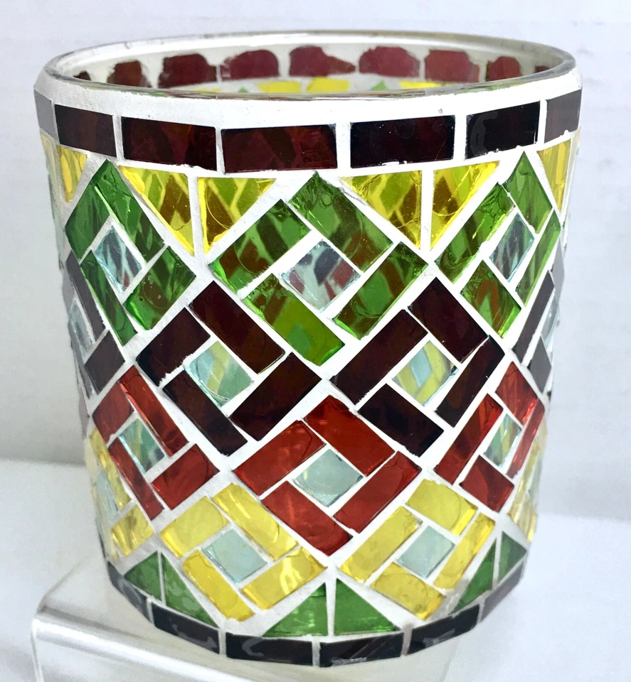 Mosaic Squares Stained Glass Red Green & Yellow Glass Vase CandleHolder - Image 4 of 4