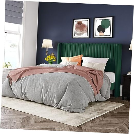 Size Bed Frame/Velvet Upholstered Platform Bed/Vertical Channel Queen Green