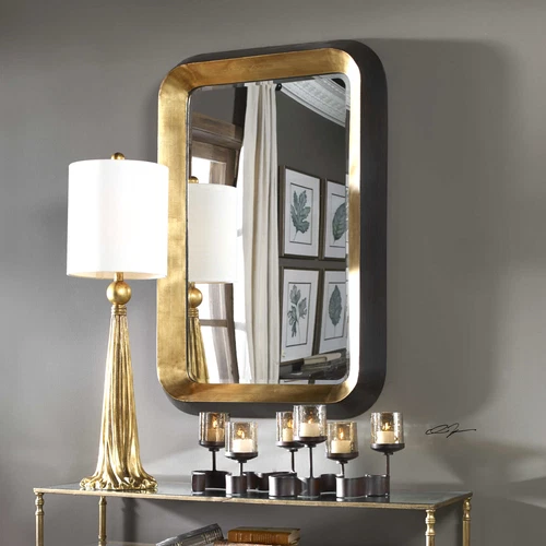 Uttermost 09301 Niva Metallic Gold Black Wall Mirror Bold Modern Beveled 42in - Picture 3 of 9