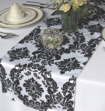 10 Pack Flocked Taffeta Damask 12" x 108" Top Table Runner Black White Wedding