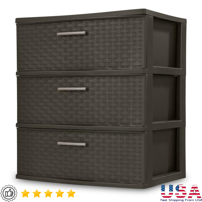3 Drawer Wide Weave Tower Plastic Storage Organizer Easy Pull Handles Home Use