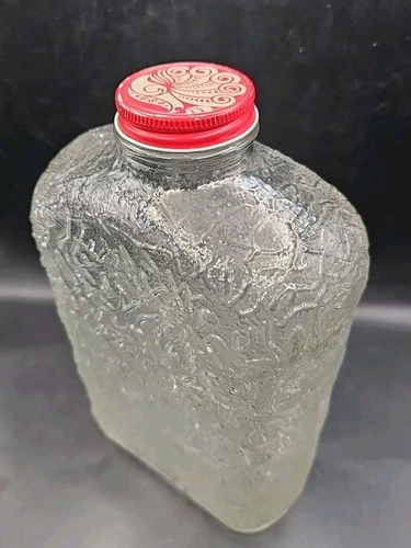 Vtg Anchor Hocking Refrigerator Bottle Clear Glass Red Metal Peacock Lid 9.75"
