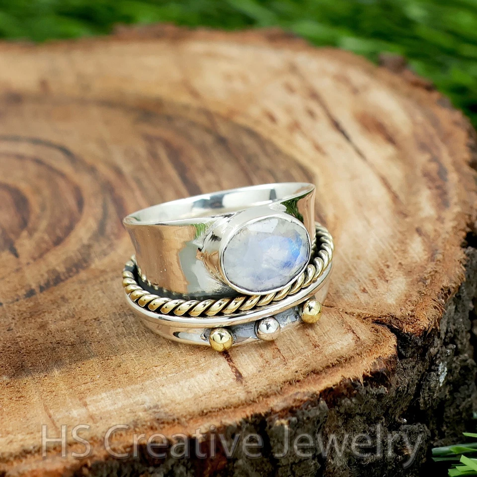Dos Tonos - Piedra Lunar Facetada 925 Plata Esterlina Anillo Giratorio Joyería para Mujer Foto 2 de 4
