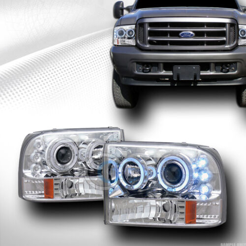 Fits 99-04 Ford F250/Excursion Chrome LED Halo Projector Head Lights Parking Amb - Photo 1 sur 2
