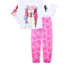 Barbie Pajama Girls Size L White Bunny Fleece Flame Long Sleeve Top Pants Set