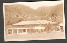 unmailed AZO RPPC photo post card building hotel? in tropical region/palm trees?