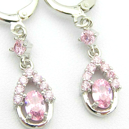 Cubic Zirconia Silver Plated Pink Stone Pierced Hoop Drop Dangle Small Earrings - Picture 4 of 10