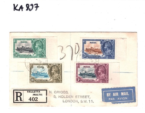 MALTA KGV Cover 1935 *SILVER JUBILEE* Set{4} Valletta Registered GB London KA897 - Picture 7 of 12