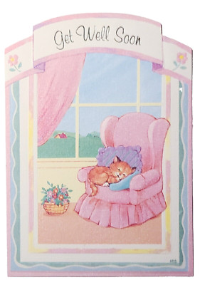 1 Get Well Greeting Card/Envelope Wishes Feel Better Window Chair Cat Flowers