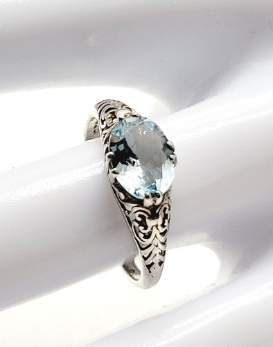 Vintage Artisan Blue Topaz Ring 925 Sterling Silver Size 6.5 Cut Out Scroll Band