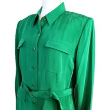 Papell Petites 100% Silk Dress Button Sheath Belted Lined Green Casual 12P