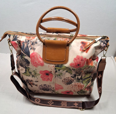 Floral Hobo Leather Tote Travel Bag Zip Top Shoulder Strap Inside Pockets