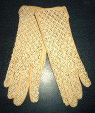Vintage Crochet Lace Beige Kidskin Leather Gloves Size-6.5