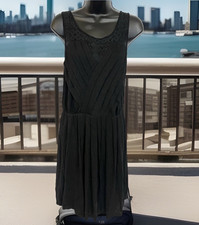 Misses L Dress Black Knit Fit & Flare Crochet Accents Pleated Skirt New!