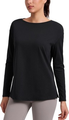 CRZ YOGA Cotton-Blend Long Sleeve Shirts for Women - Boat Neck Medium, Black 