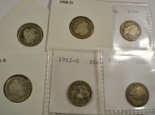 LOT OF 6 CIRC BARBER DIMES 1902 1908D 1911D 1911S 1912D 12S 0.434 oz SILVER 10c