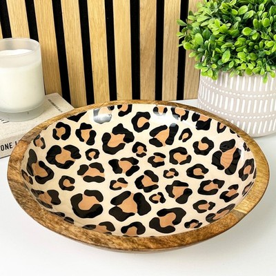 Deko Holzschale 30 cm Leopardenmuster Obstschale Servierschlüssel Kristalle Tisch