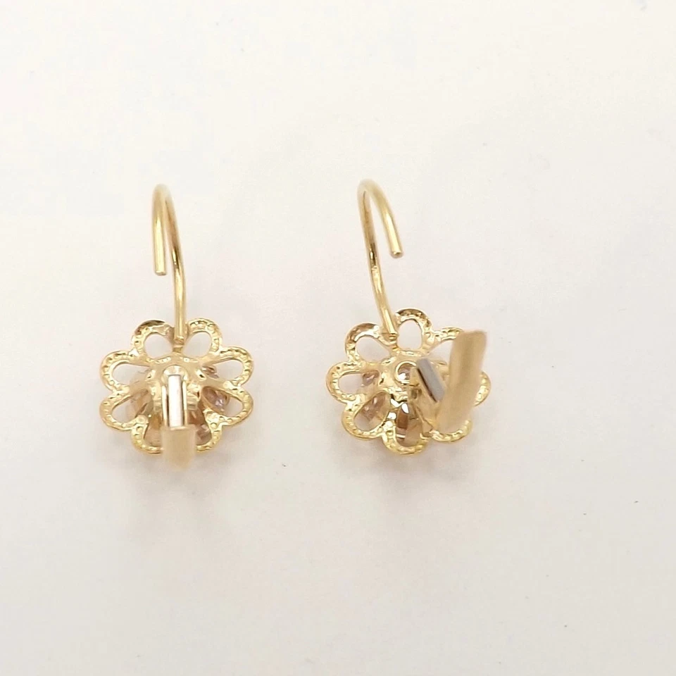 Solid 18k Gold Daisy Leverback Italian Earrings Synthetic April Birthstone New - Image 2 of 4