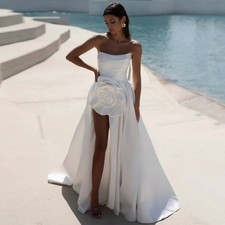Satin Wedding Dresses Strapless Sleeveless High Slit Sweep Train Backless Bridal