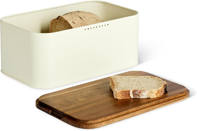 Carbon Steel Bread Box with Acacia Wood Lid, Lid Doubles as Cutting Board, 11.9