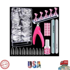 Complete Acrylic Nail Kit: 600 Clear Stiletto Tips, Clipper & Brush-On Glue