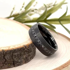 8mm Black Brushed Tungsten Ring CZ Stone Inlay Christmas Gifts Band For Women