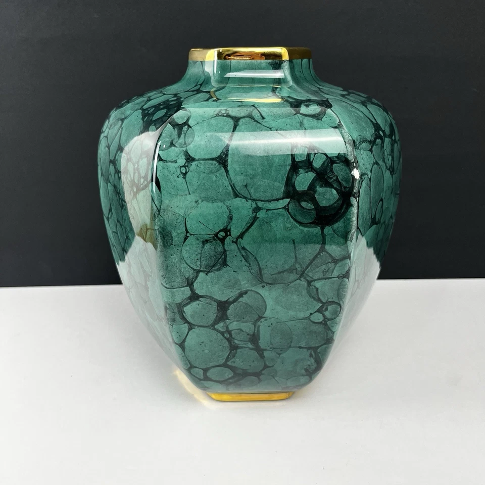 AERIN 9 Calinda Tapered Vase – Teal Sea Green Color Gold Rim 9 inches Tall READ - Image 2 of 4