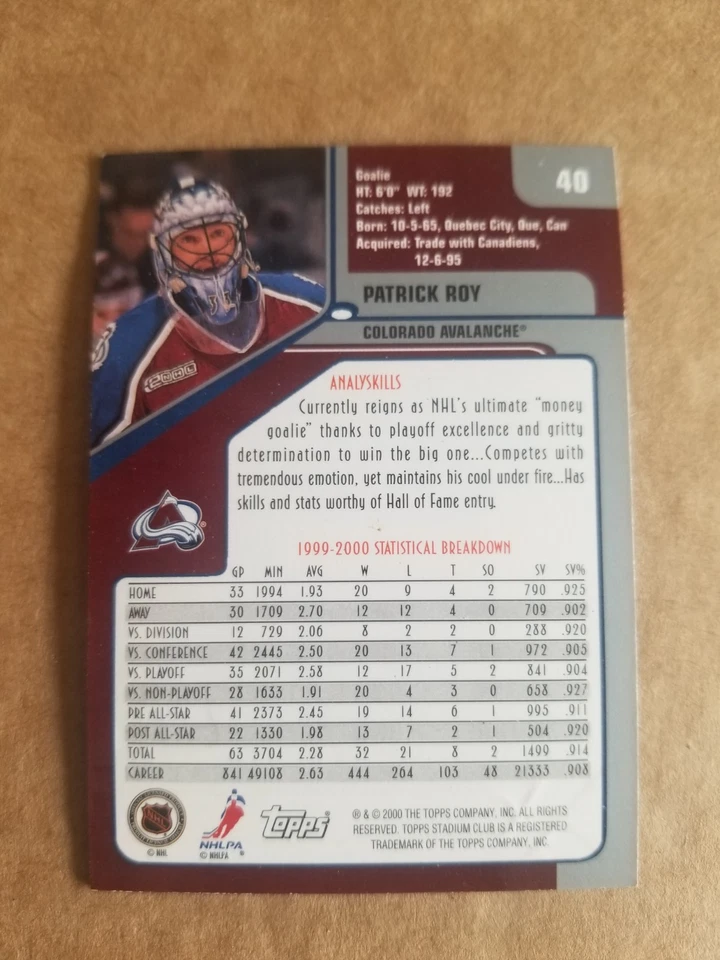 2000-01 Topps Stadium Club Patrick Roy #40 HOF - Image 2 of 2