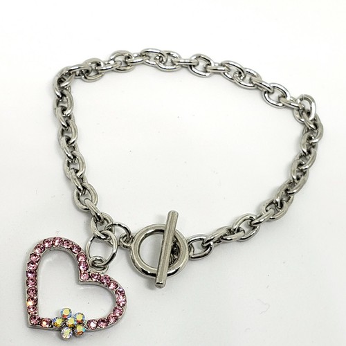 Pink Heart Bracelet Rhinestone Toggle Clasp Charm Chain Shiny Bling Y2K Style - Picture 2 of 6