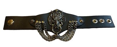 Punk Gothic Biker Wide Leather Cuff Bracelet Wolf Head In Chains Charm 8.5 