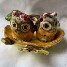 Vintage Ceramic Owls On A Tree Leaf Dish Salt And Pepper Shakers