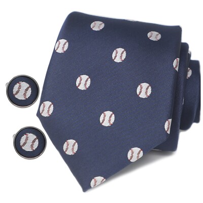 Sports Baseball Tie Matching Cufflinks Set Baseball Necktie Cufflink Gift
