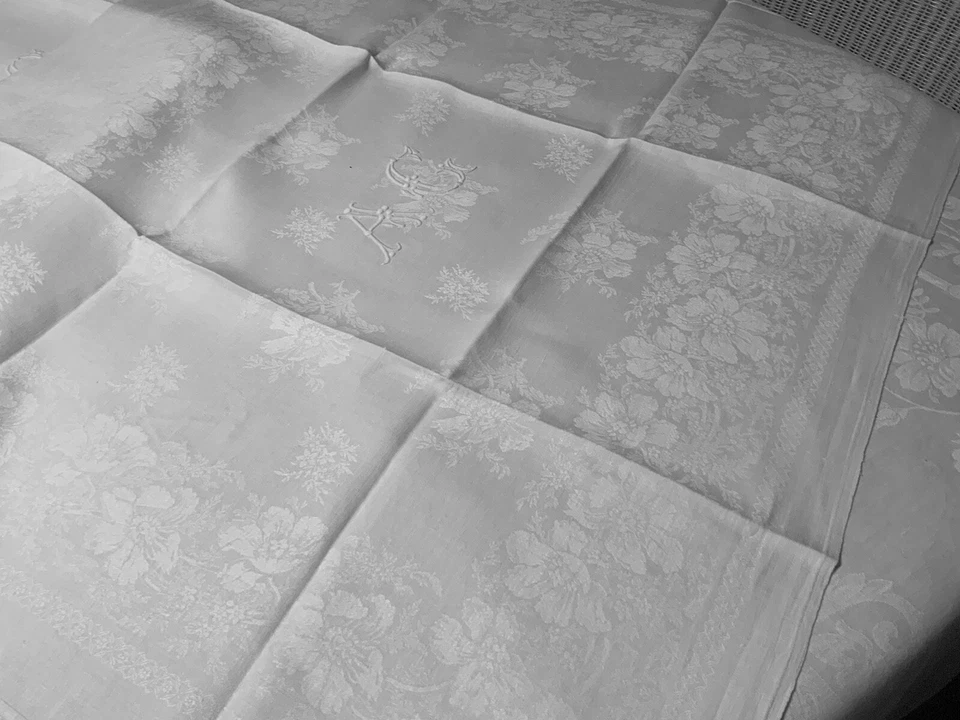 Linge Ancien 6 Grandes Serviettes DE MARIAGE Damassé De Soie Monogrammes AC - Photo 2/4
