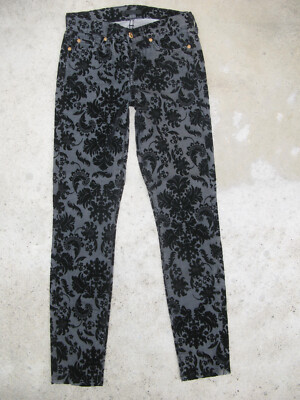 7 for all Mankind Mid-Rise Skinny Ankle Jeans Women Sz 25 Gray Black Flowers L27