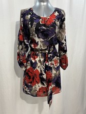 Nine West Floral Chiffon Cold Sheer Shoulder Belted Dress Sz 12 Red Purple 381