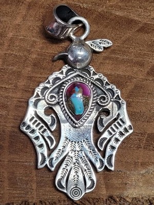 Pink dahlia thunderbird pendant- SS 925 -Handmade - full silver back