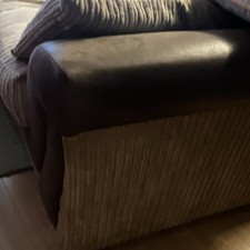 Grey Striped 100% Polyester Fabric Sofa w/ Brown Leather-Look Arms 210cm